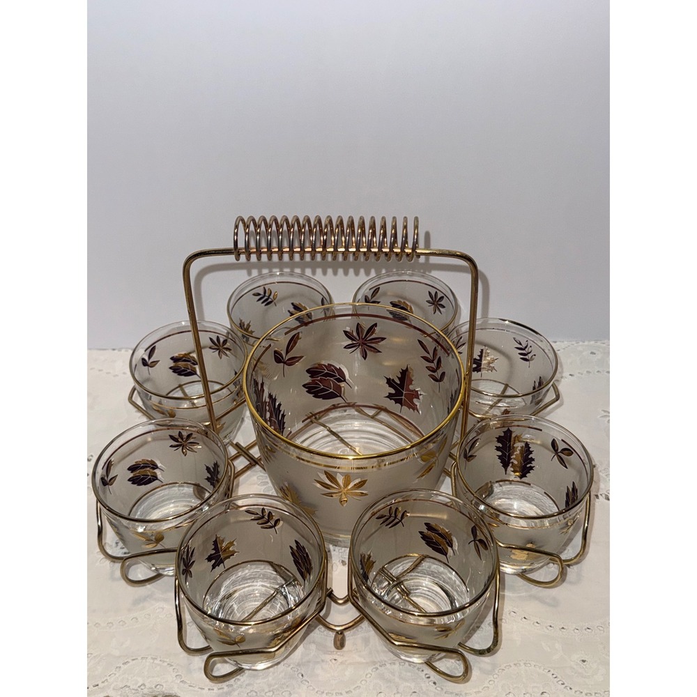 Libbey Golden Foliage 8 Rocks Glasses Ice Bucket Brass Caddy Set Vintage MCM